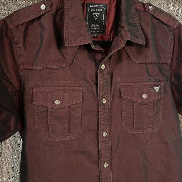 Guess Burgundy Button-up Mens M Fitted Short Sleeve Shirt - Picture 5 of 7